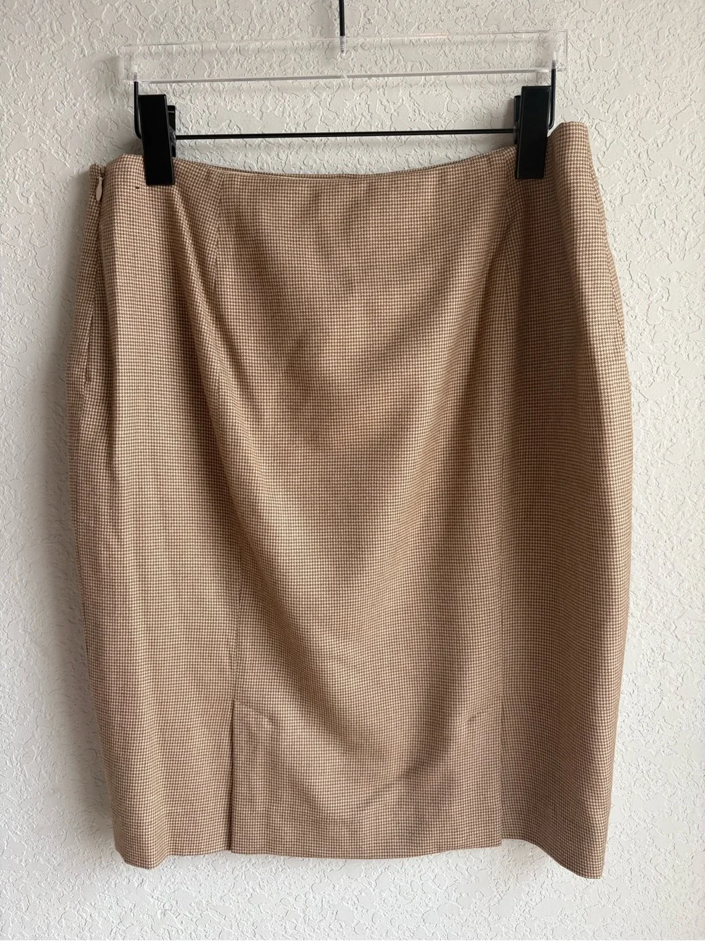 Ralph Lauren Vintage Wool Cashmere Skirt Suit Women US12 Camel Houndstooth silk